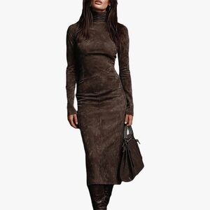 Elegant Brown Long Sleeve Faux Suede Dress